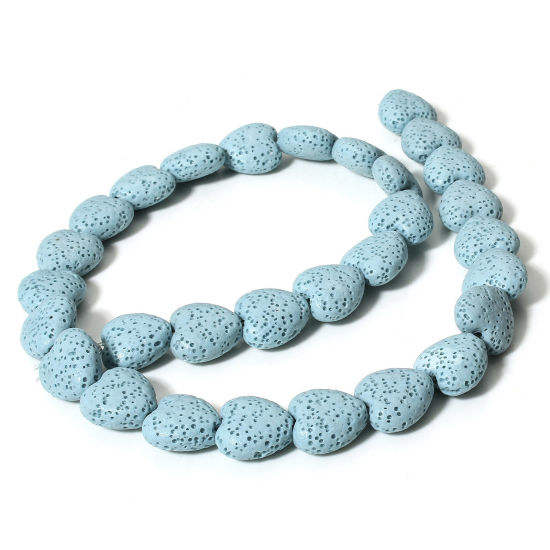 Picture of 1 Strand (Approx 30 PCs/Strand) (Grade A) Lava Rock ( Natural Dyed ) Beads For DIY Charm Jewelry Making Heart Light Blue About 14mm x 13mm, Hole: Approx 1.2mm, 40cm(15 6/8") long