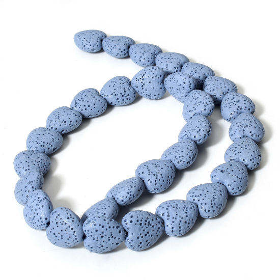 Picture of 1 Strand (Approx 30 PCs/Strand) (Grade A) Lava Rock ( Natural Dyed ) Beads For DIY Charm Jewelry Making Heart Blue About 14mm x 13mm, Hole: Approx 1.2mm, 40cm(15 6/8") long