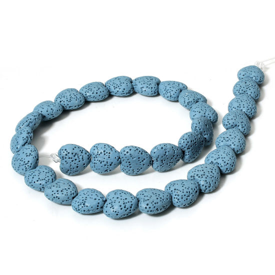 Picture of 1 Strand (Approx 30 PCs/Strand) (Grade A) Lava Rock ( Natural Dyed ) Beads For DIY Charm Jewelry Making Heart Skyblue About 14mm x 13mm, Hole: Approx 1.2mm, 40cm(15 6/8") long