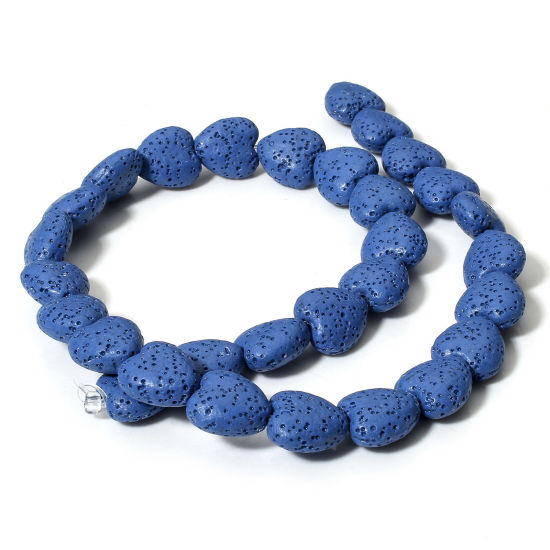 Picture of 1 Strand (Approx 30 PCs/Strand) (Grade A) Lava Rock ( Natural Dyed ) Beads For DIY Charm Jewelry Making Heart Royal Blue About 14mm x 13mm, Hole: Approx 1.2mm, 40cm(15 6/8") long