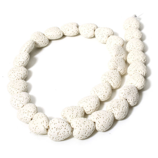 Picture of 1 Strand (Approx 30 PCs/Strand) (Grade A) Lava Rock ( Natural Dyed ) Beads For DIY Charm Jewelry Making Heart White About 14mm x 13mm, Hole: Approx 1.2mm, 40cm(15 6/8") long
