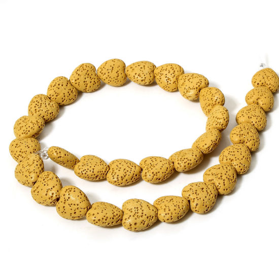 Picture of 1 Strand (Approx 30 PCs/Strand) (Grade A) Lava Rock ( Natural Dyed ) Beads For DIY Charm Jewelry Making Heart Yellow About 14mm x 13mm, Hole: Approx 1.2mm, 40cm(15 6/8") long