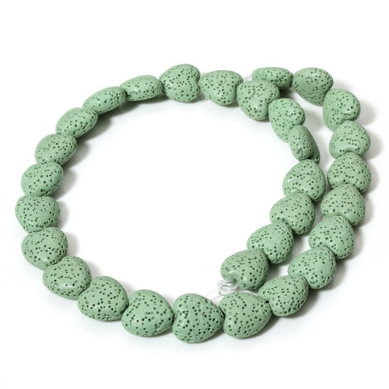 Picture of 1 Strand (Approx 30 PCs/Strand) (Grade A) Lava Rock ( Natural Dyed ) Beads For DIY Charm Jewelry Making Heart Green About 14mm x 13mm, Hole: Approx 1.2mm, 40cm(15 6/8") long