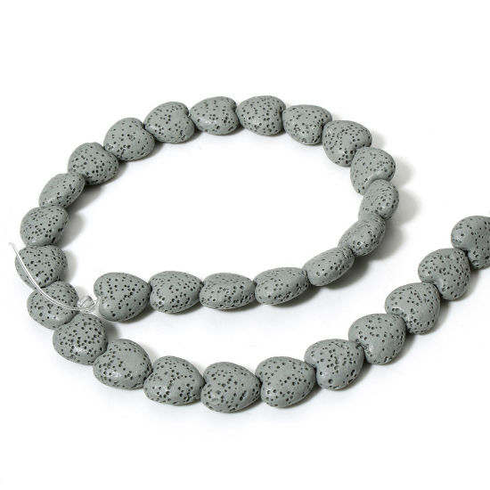 Picture of 1 Strand (Approx 30 PCs/Strand) (Grade A) Lava Rock ( Natural Dyed ) Beads For DIY Charm Jewelry Making Heart French Gray About 14mm x 13mm, Hole: Approx 1.2mm, 40cm(15 6/8") long