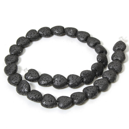 Picture of 1 Strand (Approx 30 PCs/Strand) (Grade A) Lava Rock ( Natural Dyed ) Beads For DIY Charm Jewelry Making Heart Black About 14mm x 13mm, Hole: Approx 1.2mm, 40cm(15 6/8") long