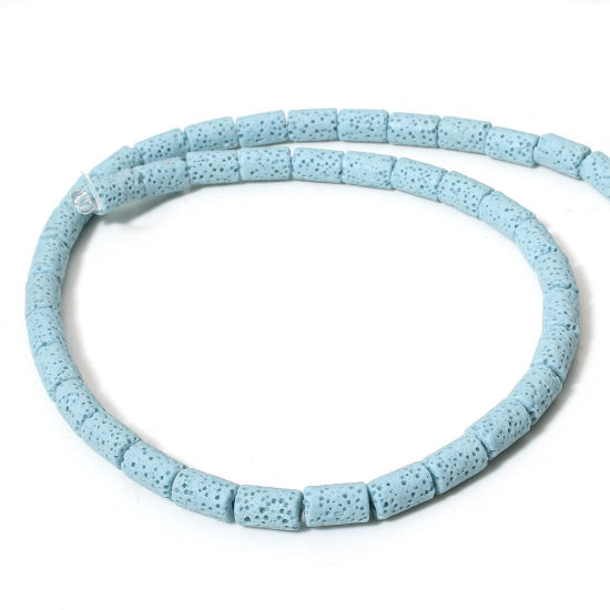 Picture of 1 Strand (Approx 40 PCs/Strand) (Grade A) Lava Rock ( Natural Dyed ) Beads For DIY Charm Jewelry Making Cylinder Light Blue About 10mm x 6mm, Hole: Approx 1.4mm, 40cm(15 6/8") long