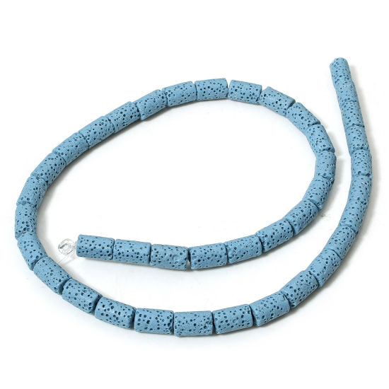 Picture of 1 Strand (Approx 40 PCs/Strand) (Grade A) Lava Rock ( Natural Dyed ) Beads For DIY Charm Jewelry Making Cylinder Skyblue About 10mm x 6mm, Hole: Approx 1.4mm, 40cm(15 6/8") long