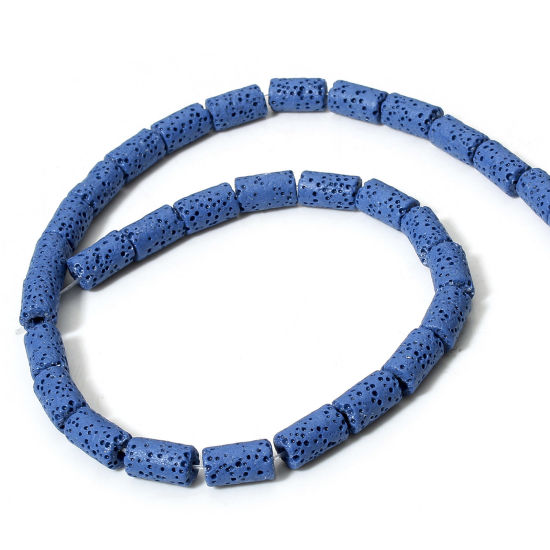 Picture of 1 Strand (Approx 40 PCs/Strand) (Grade A) Lava Rock ( Natural Dyed ) Beads For DIY Charm Jewelry Making Cylinder Royal Blue About 10mm x 6mm, Hole: Approx 1.4mm, 40cm(15 6/8") long