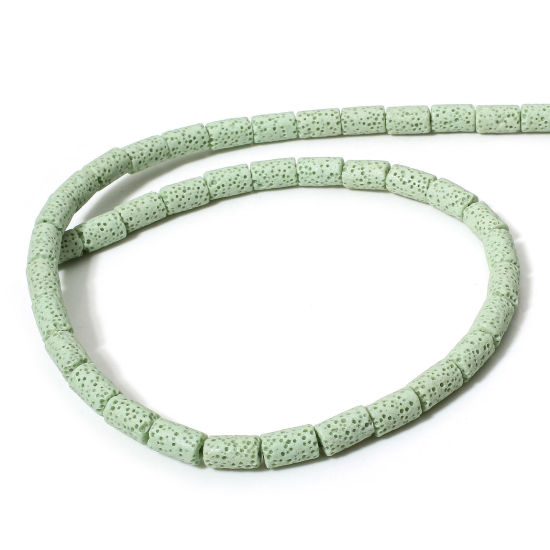 Picture of 1 Strand (Approx 40 PCs/Strand) (Grade A) Lava Rock ( Natural Dyed ) Beads For DIY Charm Jewelry Making Cylinder Light Green About 10mm x 6mm, Hole: Approx 1.4mm, 40cm(15 6/8") long
