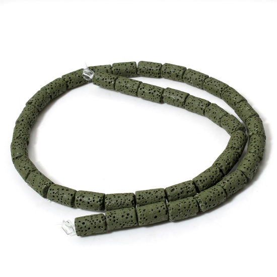 Picture of 1 Strand (Approx 40 PCs/Strand) (Grade A) Lava Rock ( Natural Dyed ) Beads For DIY Charm Jewelry Making Cylinder Dark Green About 10mm x 6mm, Hole: Approx 1.4mm, 40cm(15 6/8") long