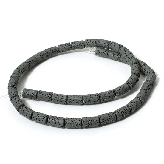 Picture of 1 Strand (Approx 40 PCs/Strand) (Grade A) Lava Rock ( Natural Dyed ) Beads For DIY Charm Jewelry Making Cylinder Dark Gray About 10mm x 6mm, Hole: Approx 1.4mm, 40cm(15 6/8") long