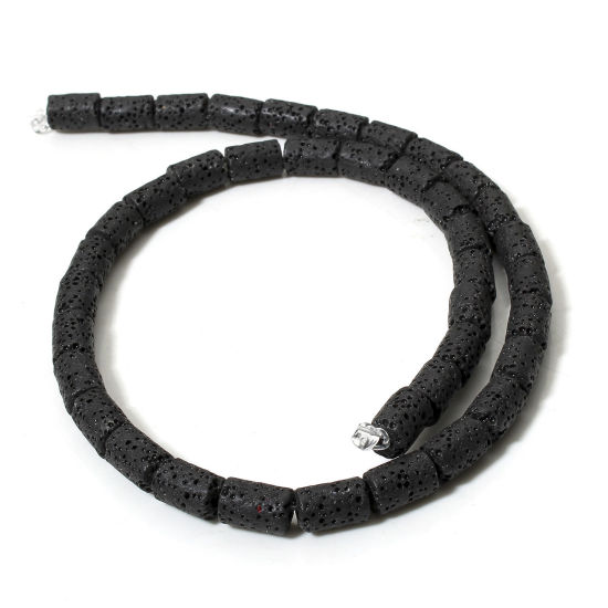 Picture of 1 Strand (Approx 40 PCs/Strand) (Grade A) Lava Rock ( Natural Dyed ) Beads For DIY Charm Jewelry Making Cylinder Black About 10mm x 6mm, Hole: Approx 1.4mm, 40cm(15 6/8") long