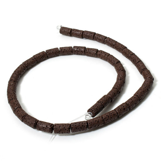 Picture of 1 Strand (Approx 40 PCs/Strand) (Grade A) Lava Rock ( Natural Dyed ) Beads For DIY Charm Jewelry Making Cylinder Coffee About 10mm x 6mm, Hole: Approx 1.4mm, 40cm(15 6/8") long