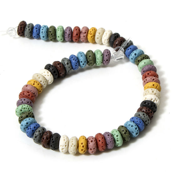 Picture of 1 Strand (Approx 50 PCs/Strand) (Grade A) Lava Rock ( Natural Dyed ) Beads For DIY Charm Jewelry Making Abacus At Random Mixed Color About 7mm x 3mm, Hole: Approx 1.2mm, 20cm(7 7/8") long