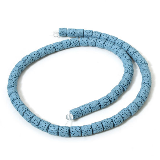 Picture of 1 Strand (Approx 62 PCs/Strand) (Grade A) Lava Rock ( Natural Dyed ) Beads For DIY Charm Jewelry Making Cylinder Skyblue About 6.5mm x 6mm, Hole: Approx 1.4mm, 40cm(15 6/8") long