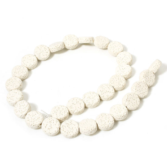 Picture of 1 Strand (Approx 28 PCs/Strand) (Grade A) Lava Rock ( Natural Dyed ) Beads For DIY Charm Jewelry Making Flat Round White About 14.5mm Dia., Hole: Approx 1.4mm, 40.5cm(16") long