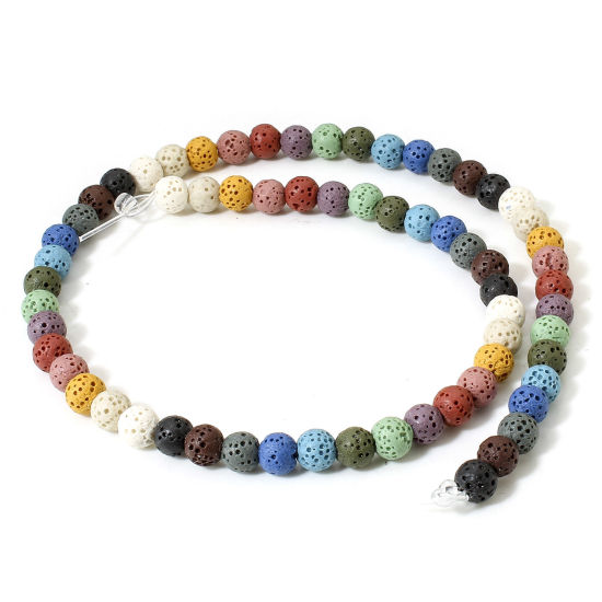 Picture of 1 Strand (Approx 65 PCs/Strand) (Grade A) Lava Rock ( Natural Dyed ) Beads For DIY Charm Jewelry Making Round At Random Mixed Color About 7mm Dia., Hole: Approx 1.2mm, 40cm(15 6/8") long