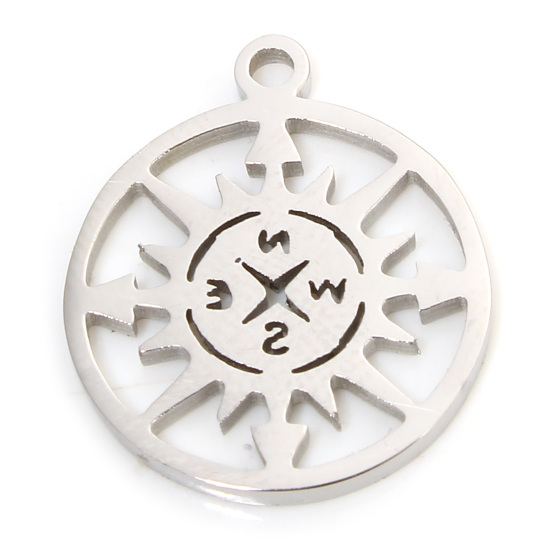 Image de 1 Pièce Breloques en 304 Acier Inoxydable Respectueux de la Nature Simple Rond Argent Mat Boussole Creux 17mm x 14.5mm