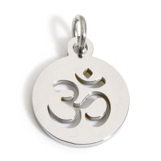 Image de 1 Pièce Breloques en 304 Acier Inoxydable Respectueux de la Nature Religieux Rond Argent Mat Symbole OM/ Aum Creux 15mm x 12mm