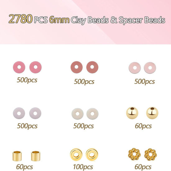 Bild von 1 Box （ 2780 Stück/Kasten) Polymer Ton Perlen-DIY-Kits für Armbänder, Halsketten, Schmuckherstellung, handgefertigte Accessoires Rosa Gemischt 19cm x 13cm