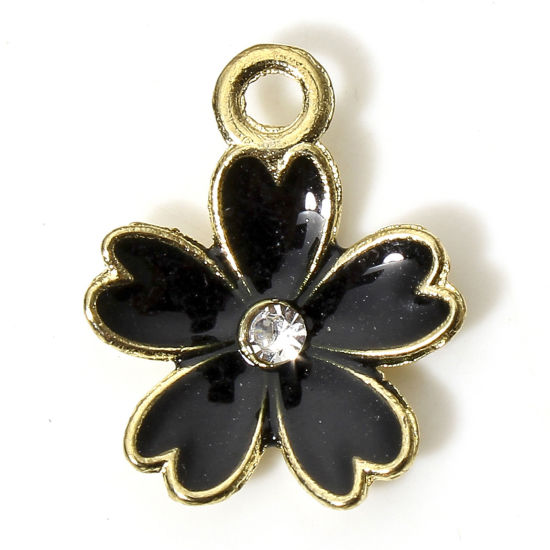 Image de 10 Pcs Breloques en Alliage de Zinc Doré Noir Fleur Sakura à Strass Transparent Émail 17mm x 14mm