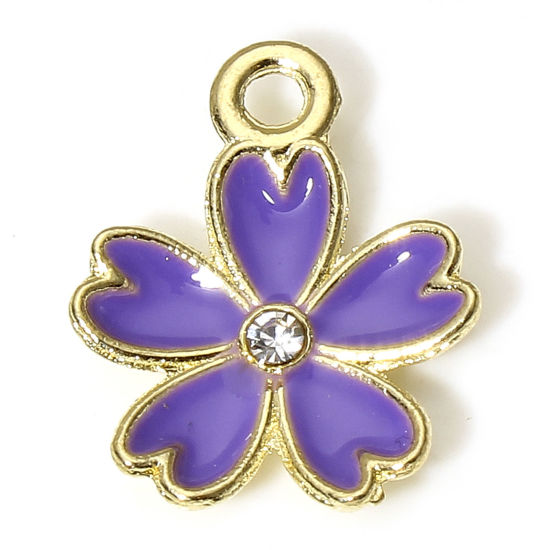 Image de 10 Pcs Breloques en Alliage de Zinc Doré Violet Fleur Sakura à Strass Transparent Émail 17mm x 14mm