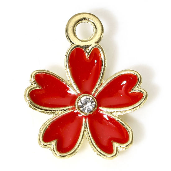 Image de 10 Pcs Breloques en Alliage de Zinc Doré Rouge Fleur Sakura à Strass Transparent Émail 17mm x 14mm