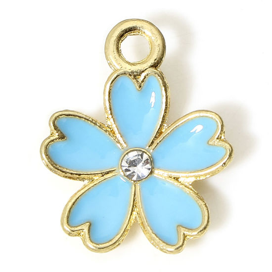 Image de 10 Pcs Breloques en Alliage de Zinc Doré Bleu Fleur Sakura à Strass Transparent Émail 17mm x 14mm