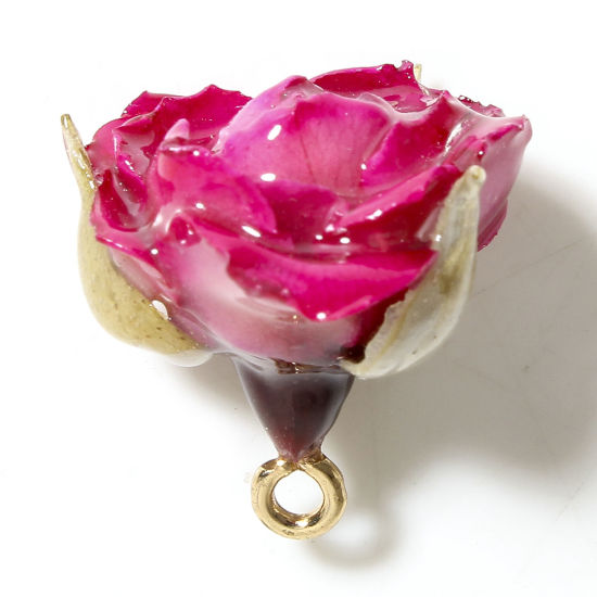 Picture of 1 Piece Handmade Resin Jewelry Real Flower Charms Flower Leaves Golden Fuchsia 3D 20mm x 16mm