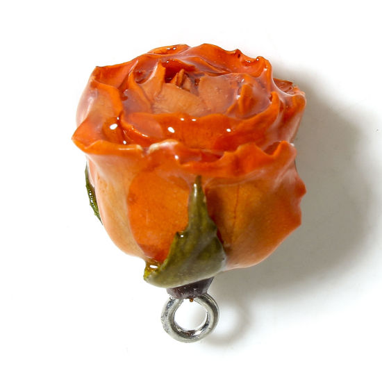 1 個 レジンクラフト ドライフラワー 押し花 チャーム 花葉 3D シルバー オレンジ色 20mm x 16mm、 の画像