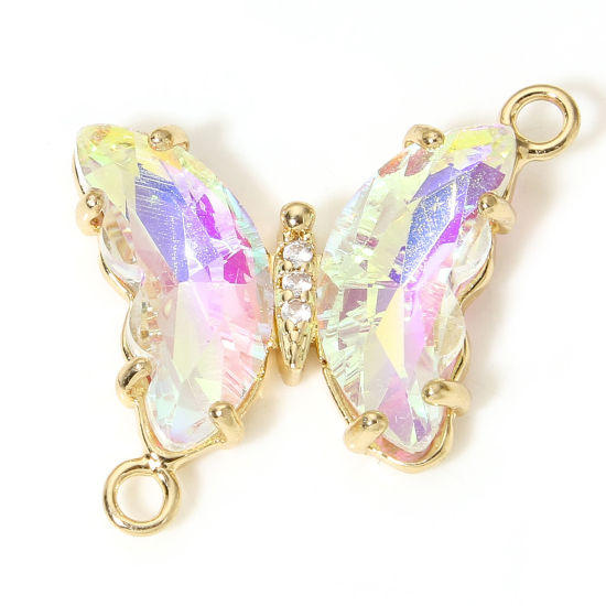 Picture of 5 PCs Brass & Glass Insect Connectors Charms Pendants Gold Plated Clear AB Color Butterfly Animal Clear Rhinestone 22mm x 22mm