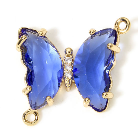 Picture of 5 PCs Brass & Glass Insect Connectors Charms Pendants Gold Plated Royal Blue Butterfly Animal Clear Rhinestone 22mm x 22mm