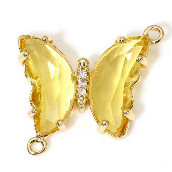 Picture of 5 PCs Brass & Glass Insect Connectors Charms Pendants Gold Plated Yellow Butterfly Animal Clear Rhinestone 22mm x 22mm