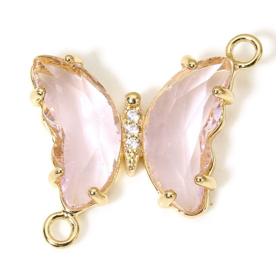 Picture of 5 PCs Brass & Glass Insect Connectors Charms Pendants Gold Plated Light Pink Butterfly Animal Clear Rhinestone 22mm x 22mm