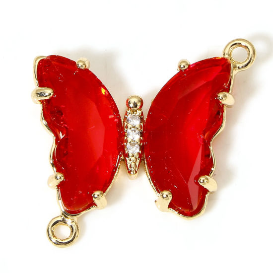Picture of 5 PCs Brass & Glass Insect Connectors Charms Pendants Gold Plated Red Butterfly Animal Clear Rhinestone 22mm x 22mm