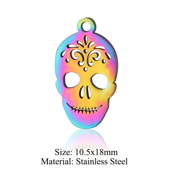 Picture of 5 PCs 304 Stainless Steel Charms Rainbow Color Plated Skeleton Skull Hollow 10.5mm x 18mm