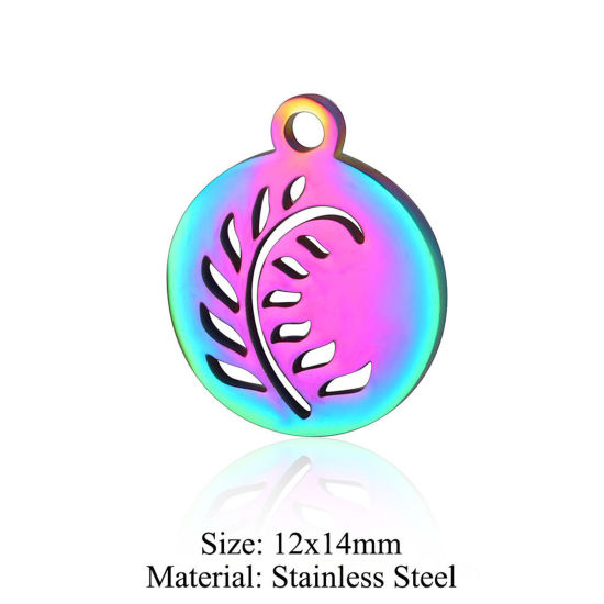 Picture of 5 PCs 304 Stainless Steel Charms Rainbow Color Plated Round Flower Leaves Hollow 12mm x 14mm