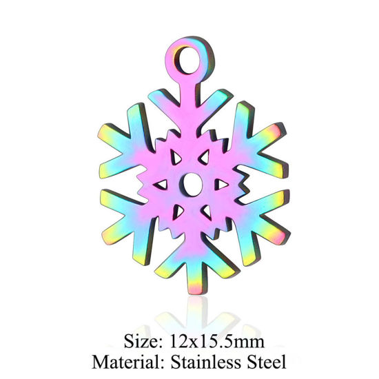 Picture of 5 PCs 304 Stainless Steel Charms Rainbow Color Plated Christmas Snowflake Hollow 12mm x 15.5mm