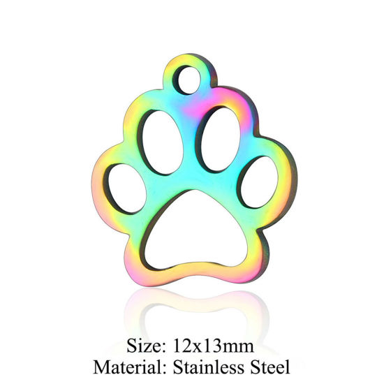 Picture of 5 PCs 304 Stainless Steel Charms Rainbow Color Plated Dog Paw Claw Hollow 12mm x 13mm