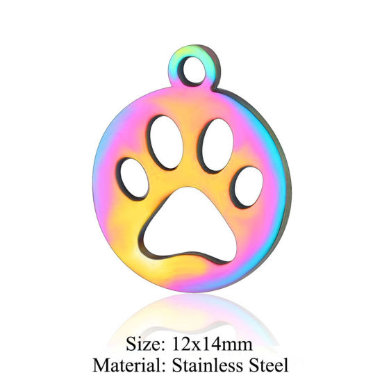 Picture of 5 PCs 304 Stainless Steel Charms Rainbow Color Plated Round Paw Print Hollow 12mm x 14mm
