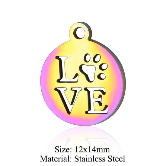 Picture of 5 PCs 304 Stainless Steel Charms Rainbow Color Plated Round Love Symbol Hollow 12mm x 14mm