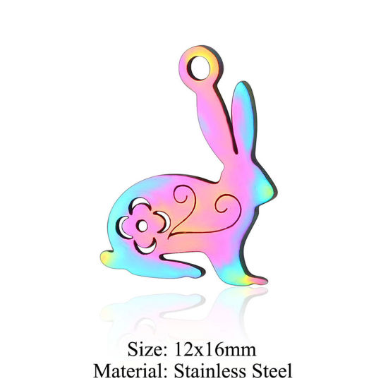 Picture of 5 PCs 304 Stainless Steel Charms Rainbow Color Plated Rabbit Animal Hollow 12mm x 16mm