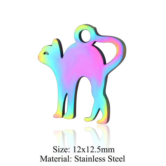 Picture of 5 PCs 304 Stainless Steel Charms Rainbow Color Plated Cat Animal Hollow 12mm x 12.5mm