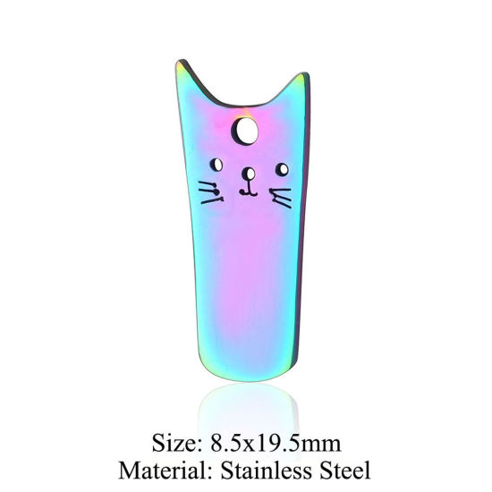Picture of 5 PCs 304 Stainless Steel Charms Rainbow Color Plated Cat Animal Hollow 8.5mm x 19.5mm