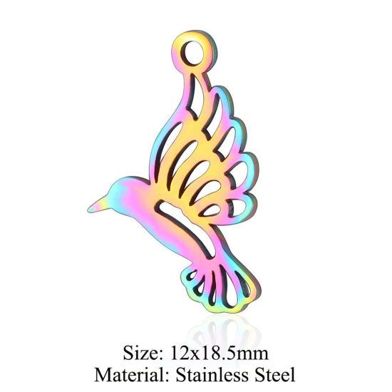 Picture of 5 PCs 304 Stainless Steel Charms Rainbow Color Plated Hummingbird Hollow 12mm x 18.5mm