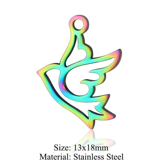 Picture of 5 PCs 304 Stainless Steel Charms Rainbow Color Plated Pigeon Animal Hollow 13mm x 18mm