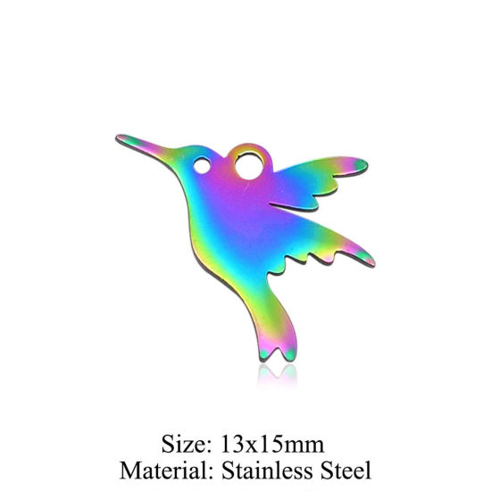 Picture of 5 PCs 304 Stainless Steel Charms Rainbow Color Plated Hummingbird Hollow 13mm x 15mm