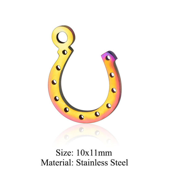 Picture of 5 PCs 304 Stainless Steel Charms Rainbow Color Plated U-shaped Hollow 10mm x 11mm