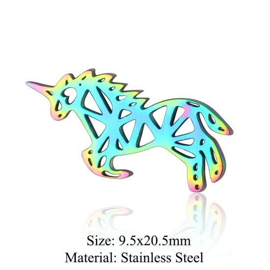 Picture of 5 PCs 304 Stainless Steel Connectors Charms Pendants Rainbow Color Plated Horse Animal Hollow 9.5mm x 20.5mm