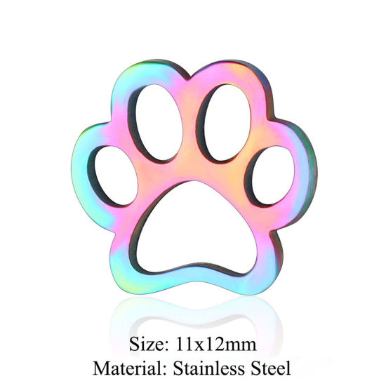 Picture of 5 PCs 304 Stainless Steel Connectors Charms Pendants Rainbow Color Plated Dog Paw Claw Hollow 11mm x 12mm